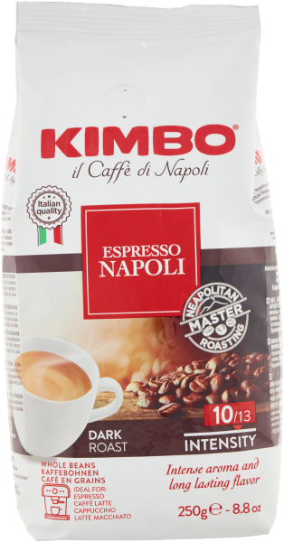 250-g-Packung Kimbo Espresso Napoletano, ganze Bohnen. Dunkle Röstung, intensives Aroma, ideal für Espresso und Cappuccino. Italienischer Kaffee höchster Qualität.