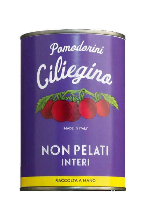 Ciliegino Vintage – Ungeschälte, süße Kirschtomaten aus Kampanien in Tomatensaft. Perfekt für Sughi, Pizza und mediterrane Gerichte. 400g Dose.