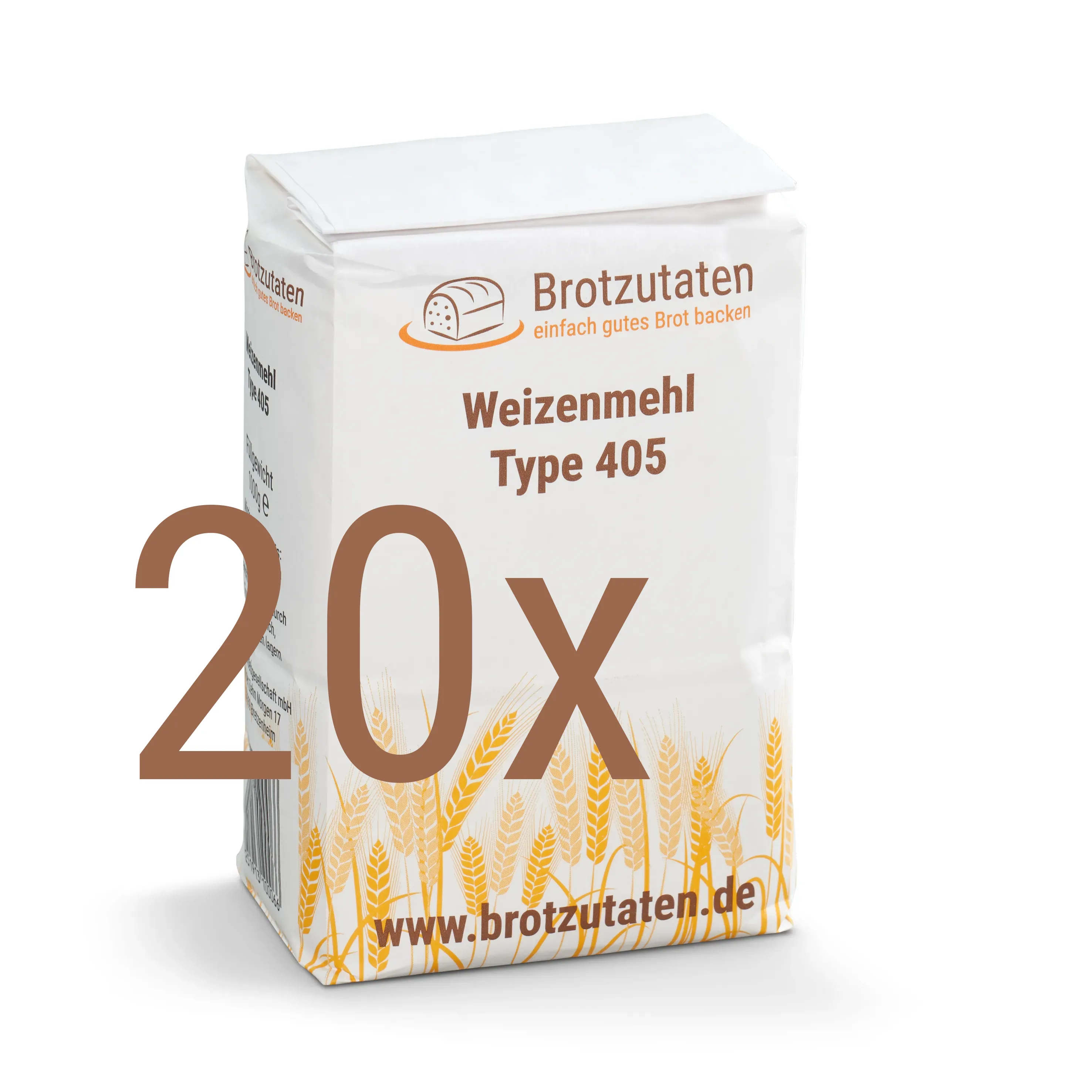 Zwanzig Packungen à 1 kg Weizenmehl Type 405, ideal für Bäckereien, Gastronomiebetriebe oder ambitionierte Hobbybäcker mit großem Verbrauch.