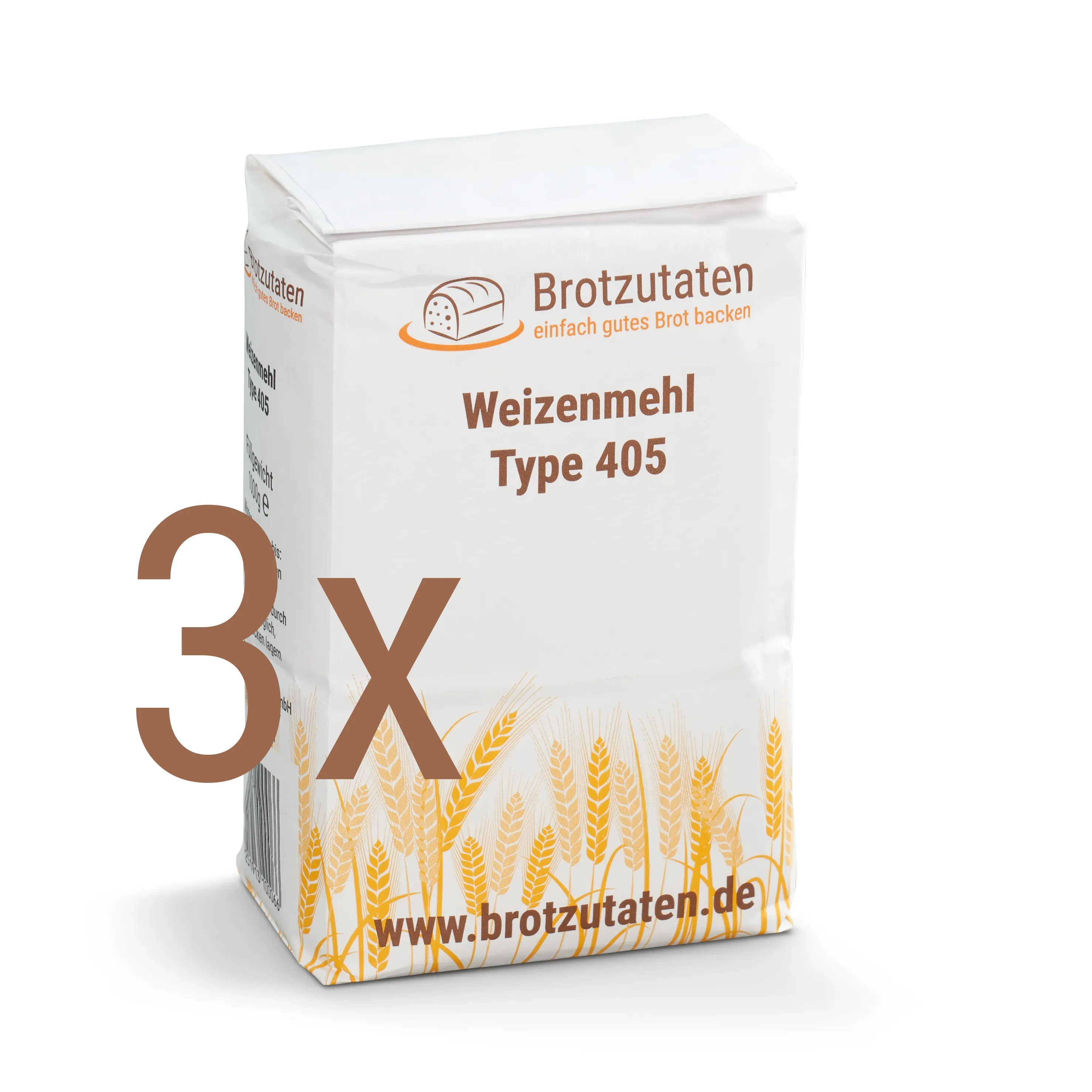 Drei Packungen à 1 kg Weizenmehl Type 405, ideal für Kuchen, Gebäck und feine Backwaren. Perfekt für den täglichen Gebrauch in der Küche.