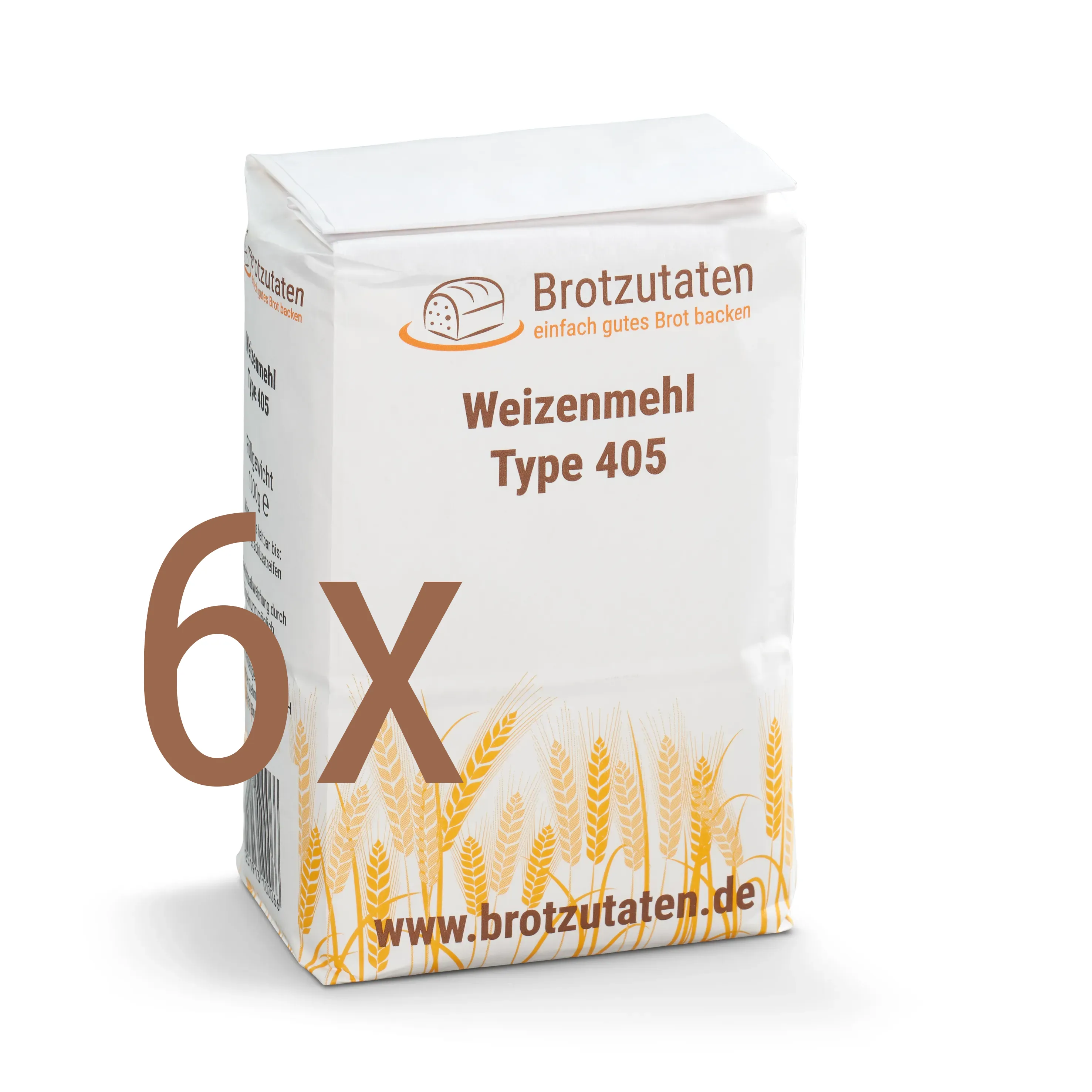 Sechs Packungen à 1 kg Weizenmehl Type 405, besonders geeignet für feines Gebäck, Kuchen und Brot. Ideal für große Backprojekte oder Vorräte.